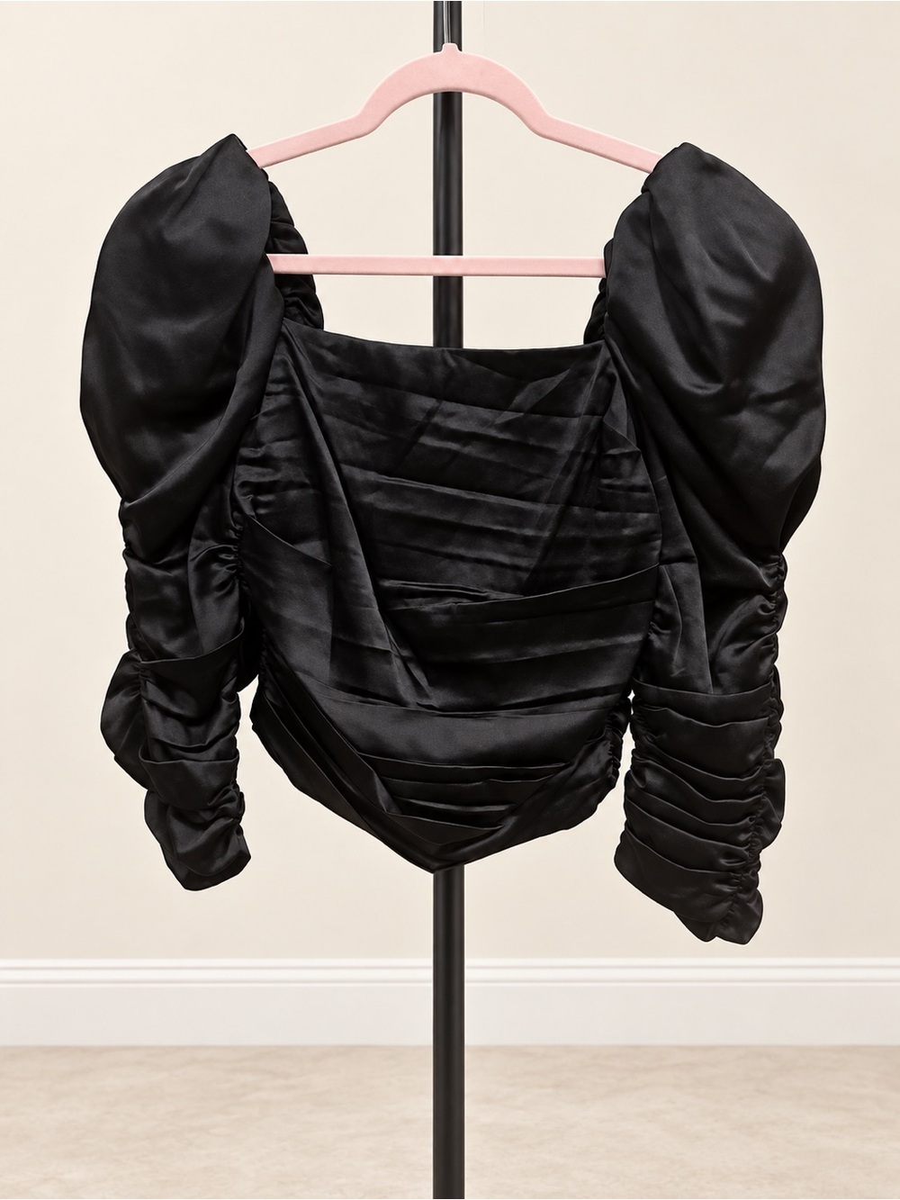 Alice + Olivia Katrice Black Silk Ruched Puff Sleeve Crop Top Size S